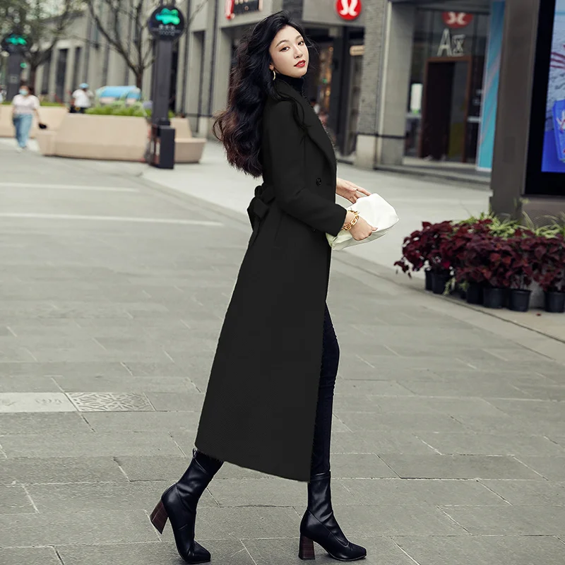 

Шерстяные пальто Женское шерстяное пальто Синее осеннее шерстяное контрастное двубортное регулируемое талии воротник-стойка