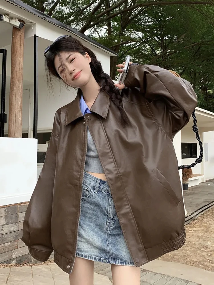 سترة نسائية من البولي يوريثان بتصميم عتيق لراكبي الدراجات النارية الأمريكية ملابس خروج فضفاضة بأكمام طويلة معطف هاراجوكو لخريف وشتاء ملابس علوية نسائية غير رسمية عالية الجودة جديدة #1