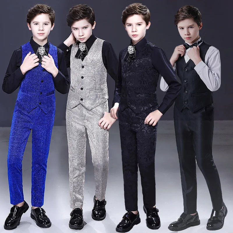 

Boys Sequin Vest Dress Suit Children's Catwalk Piano Performance Host Birthday Costume Kids Waistcoat Pants Bowtie Outfit