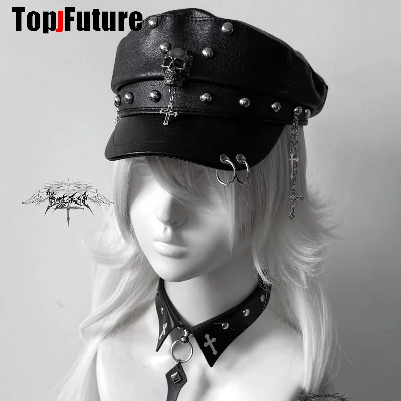 6512 Punk Beret Hats For Women Men - 90% Wool Blend Beret Cap Goth Hat Alt 2884 Punk Beret Hats For Women Men - 90% Wool Blend Beret  main image 2