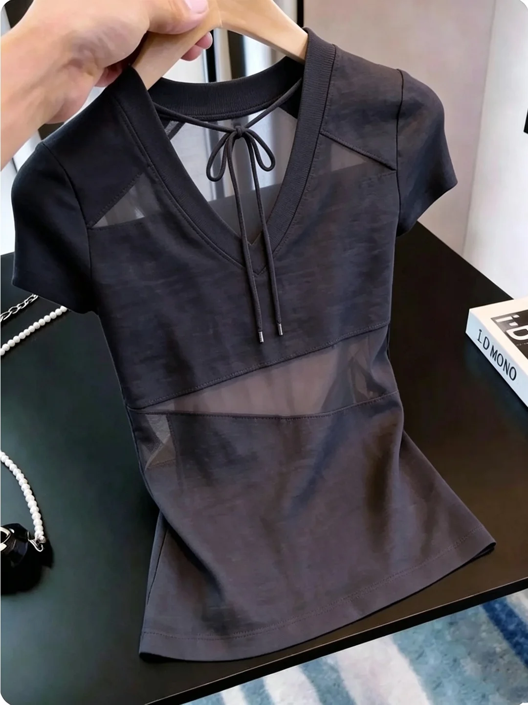

Slim Fit Short Sleeve T-Shirt V-Neck Belt Design Fashionable Korean Style Summer Top Women's Commute Style Pure Color Shirt