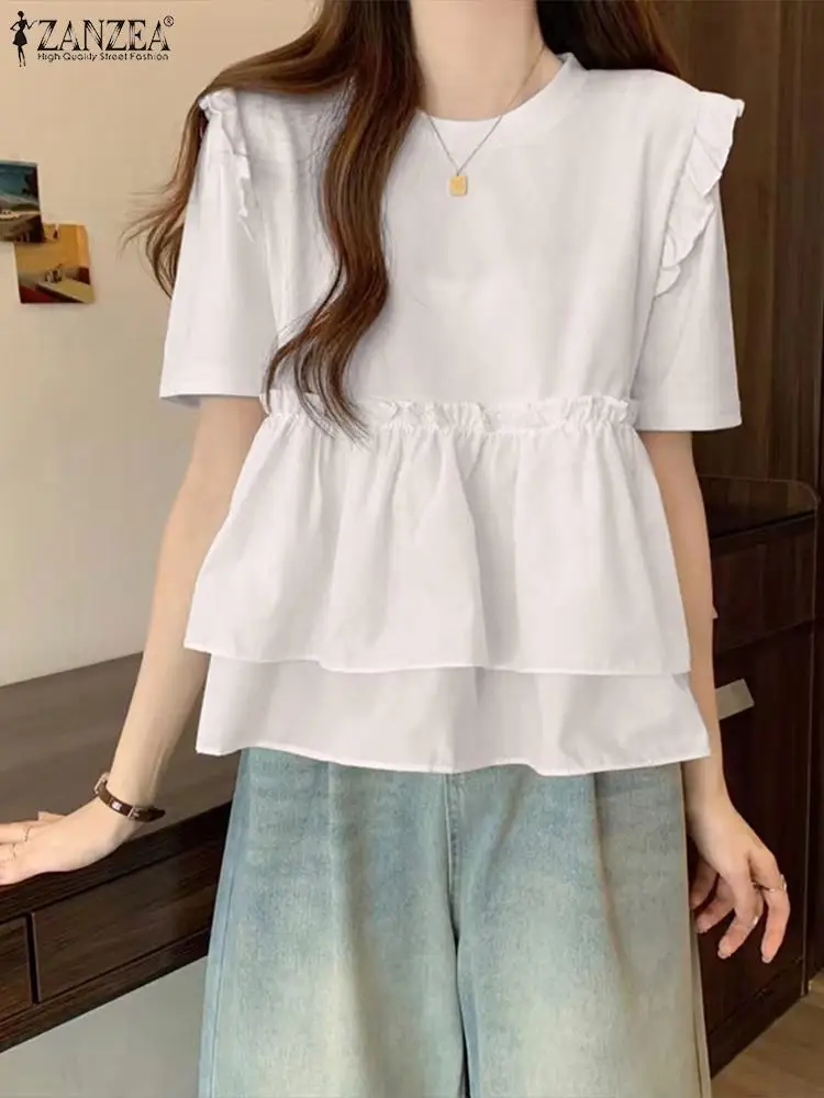 ZANZEA Korean Solid Women Blouse Summer Sweety Ruffle Short Sleeve Tops 2024 Fashion Ruffles Patchwork Tunic Casual White Blusas