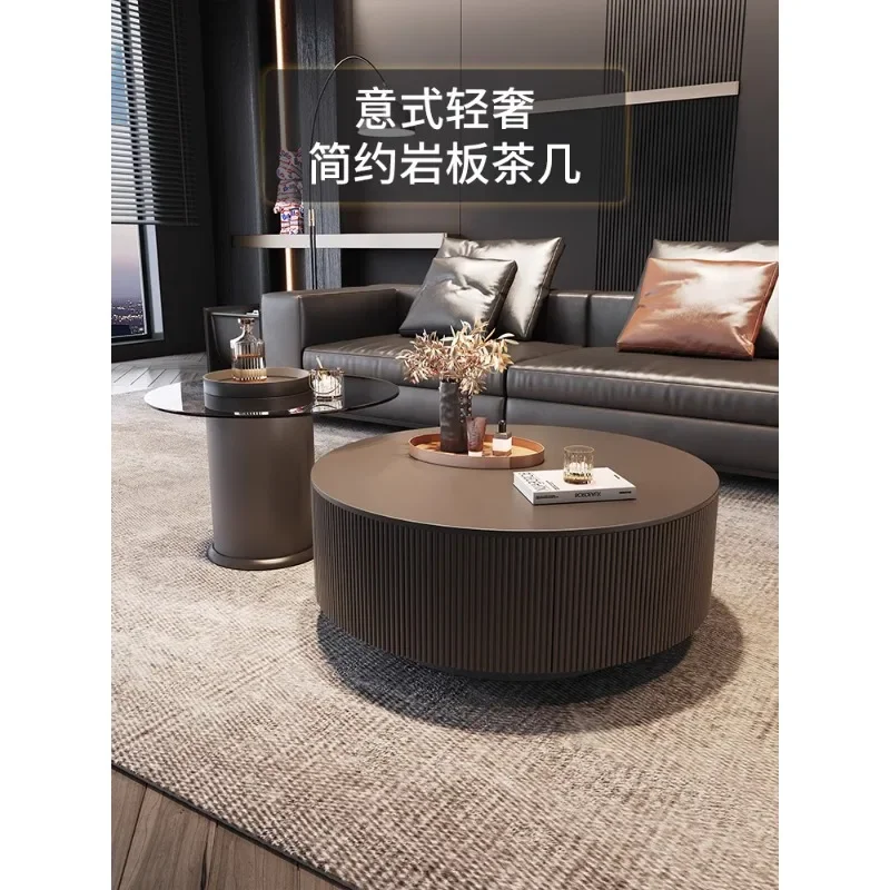 Italian light luxury rock slab round coffee table modern relief art living room household small apartment glass coffee table com