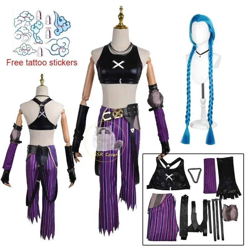 Game Jinx Cosplay Costume Crit Loli Jinx Cosplay Loose Cannon Cosplay Outfit Jinx Wig Tattoo Sticker Women Carnival Costume