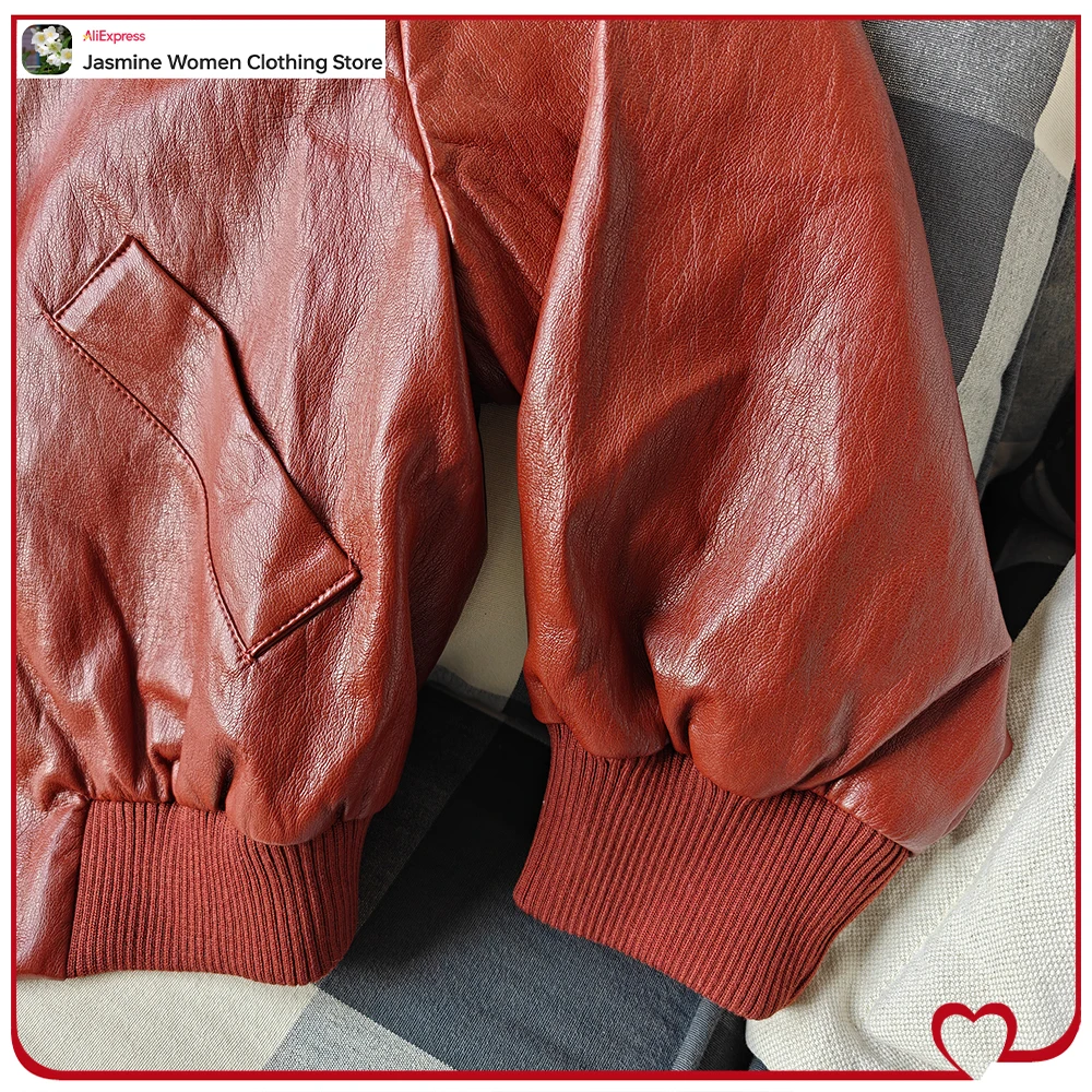 Stylish Women's Brick Faux Leather Short Sets Faux Leather Bomber Jacket with Sleeves Below The Elbow Matching Tonal Long Shorts - Image 4