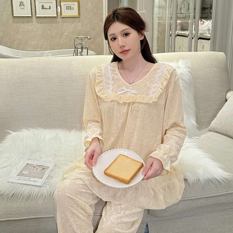 Pajama Sets Women Bow Design Pleuche Long Sleeve Trousers Sweet Princess Style Lace Korean Fashion Gentle Autumn Pyjamas Girlish