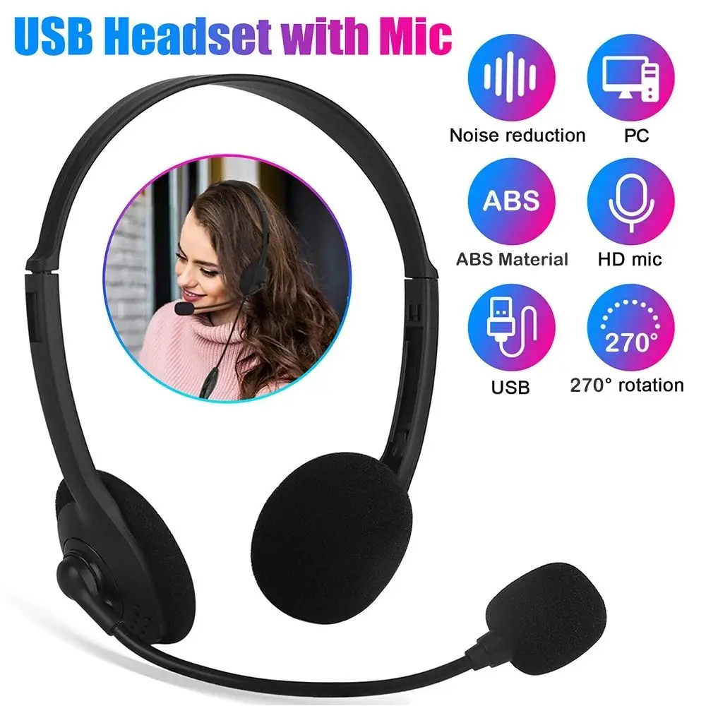 With Microphone USB Computer Headphone Stereo Sound Wire Control Wired Headset Earpiece Noise Cancelling Gaming Headset