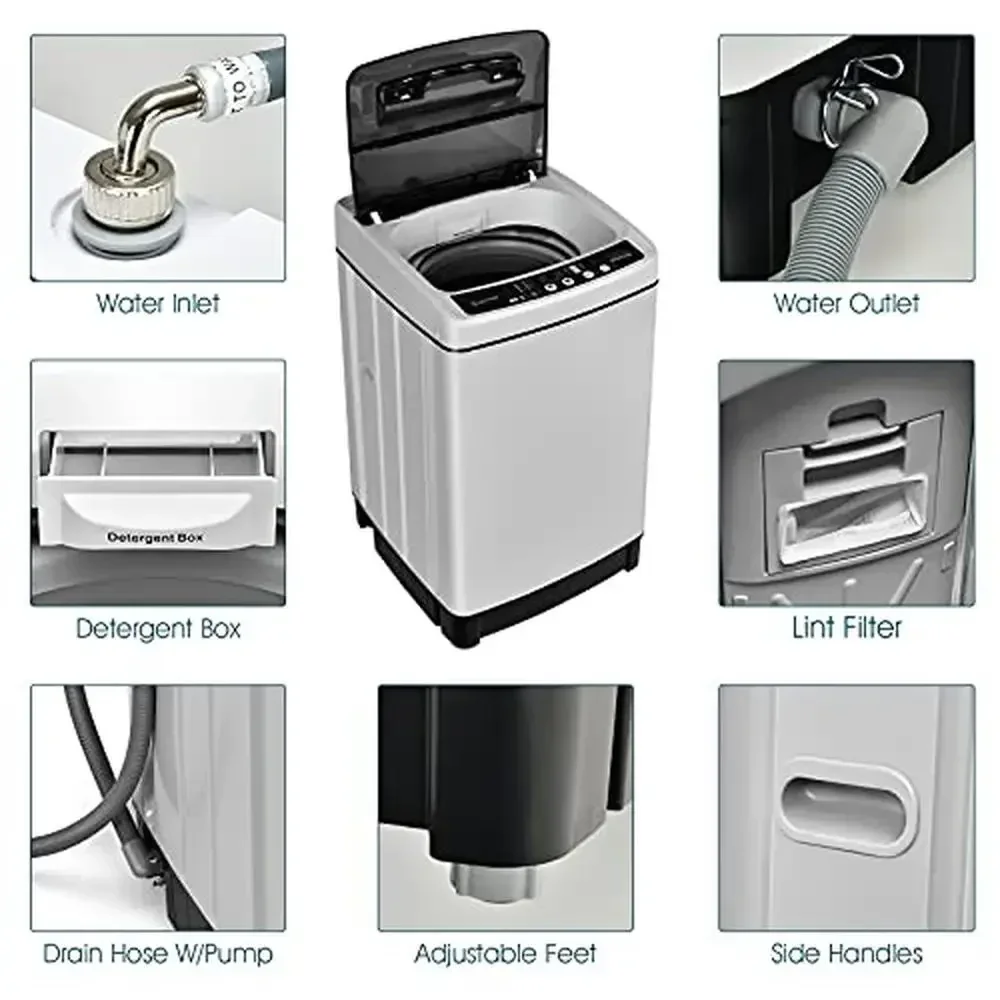 Compact Full-Automatic Mini Washer & Spin Dryer 1.5 Cu.Ft Capacity Laundry Machine with 8 Programs & Stainless Steel Drum