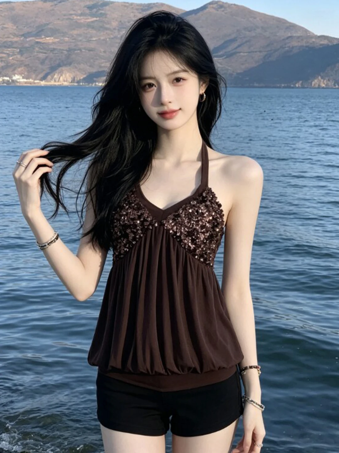 

Retro Stylish Unique Women's Halter Top Summer 2026 Cotton Straight Cut V-neck Casual Citywalk Outfit Single Piece