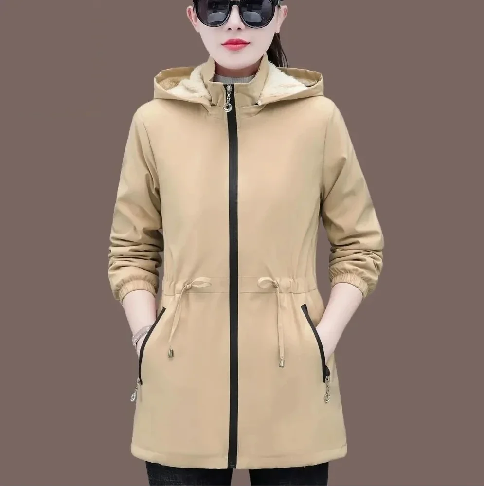 Vrouwen Jas Windjack 2024 Herfst Winter Warm Midden Lange Capuchon Fluwelen Trenchcoat Koreaanse Vrouwelijke Bovenkleding