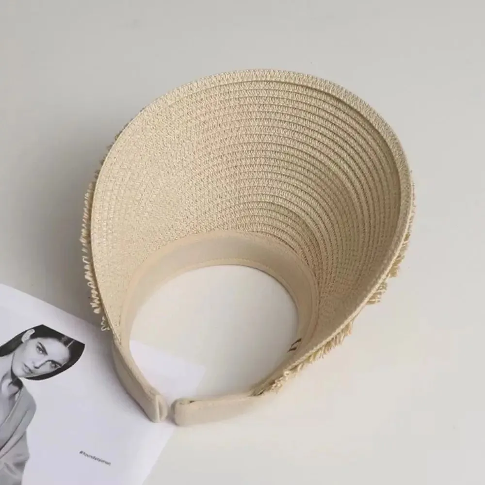 Fashion Tassel Design Straw Hats UV Protection Straw Braid Sunshade Cap Wide Brim Empty Top Sunhat Summer Outdoor Activities Use