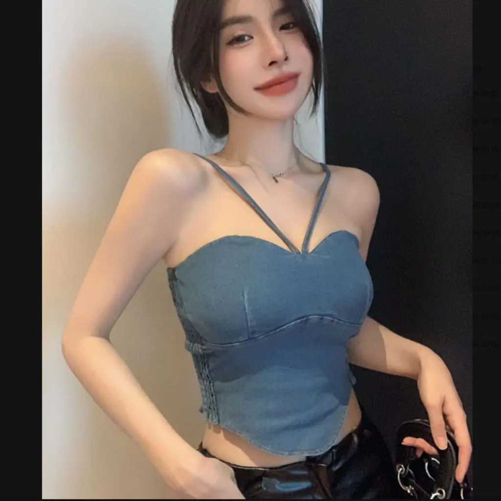 

Women's Irregular Tube Top Denim Short Sleeveless Halter Neck Camisole Sexy American Hot Girl Summer New Fashion