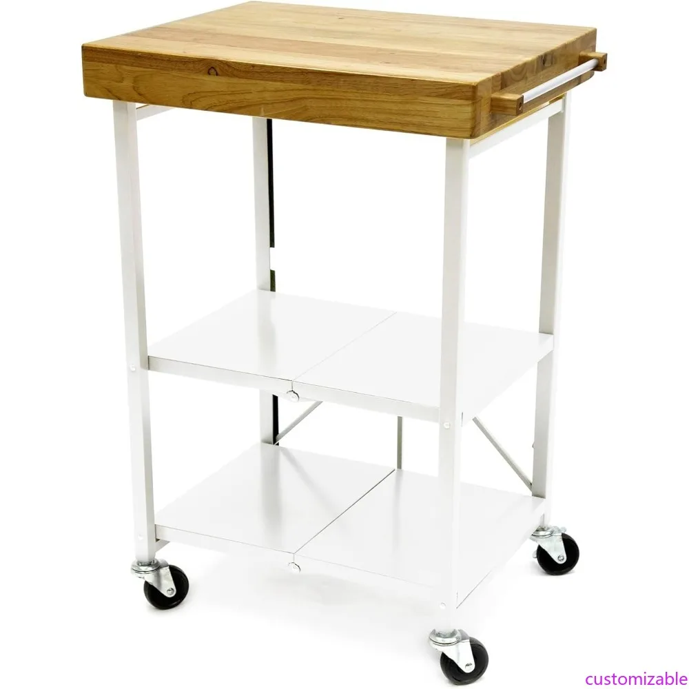 

White Folding Kitchen Island Cart with Rolling Storage and Organizer