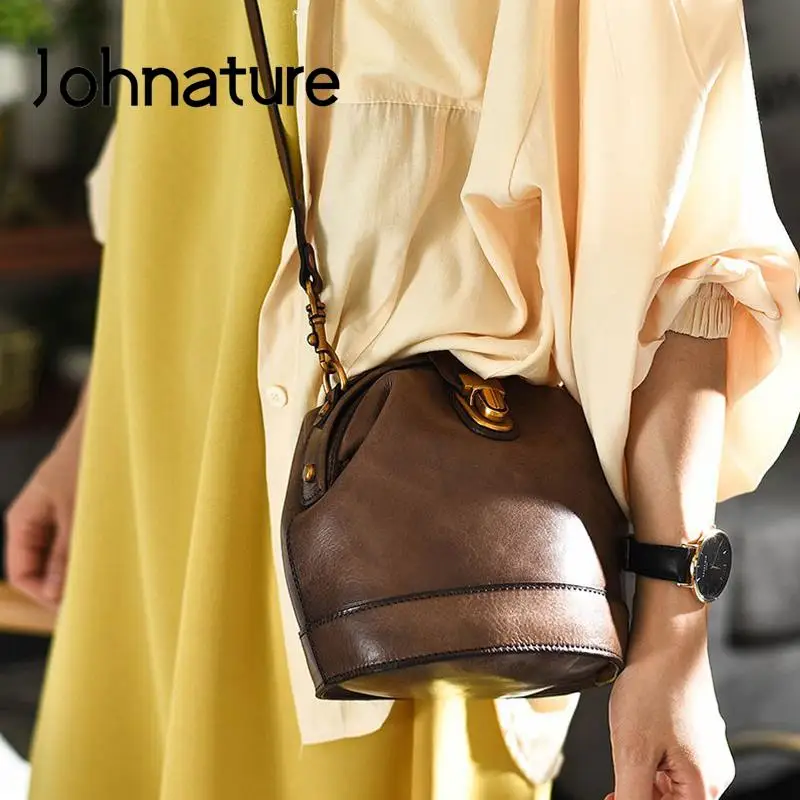 Johnature Handmade Natural Real Leather Doctor\'s Bag Women 2024 New Literature And Art Vintage Cowhide Shoulder & Crossbody Bags