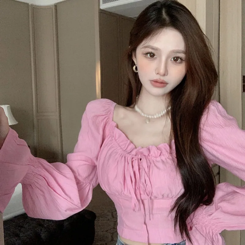 Korean Version Spring And Autumn Solid Color Square Collar Lace Up Slim Fit Sweet Bubble Long Sleeved Short Shirt Top