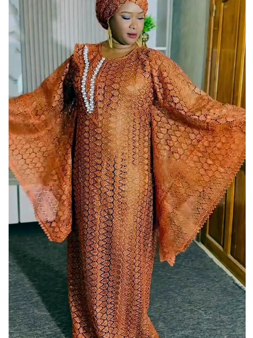 

Elegant African Two Pieces Set Lace Dresses Kaftan Boubou Gowns Abayas Robe Muslim Wedding Evening Party Long Dress Free Size