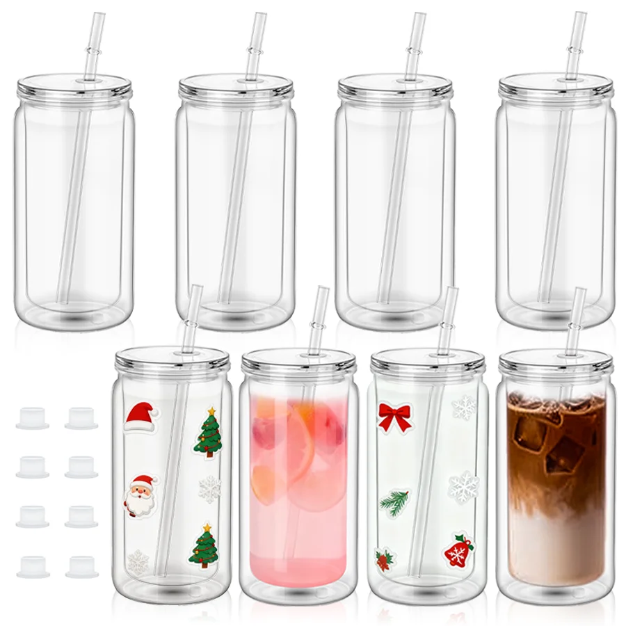

8 шт., 16 унций, рождественские пластиковые бутылки для воды в виде снежного шара, стакан, прозрачный стакан в виде снежного шара с двойными стенками и предварительно просверленным отверстием