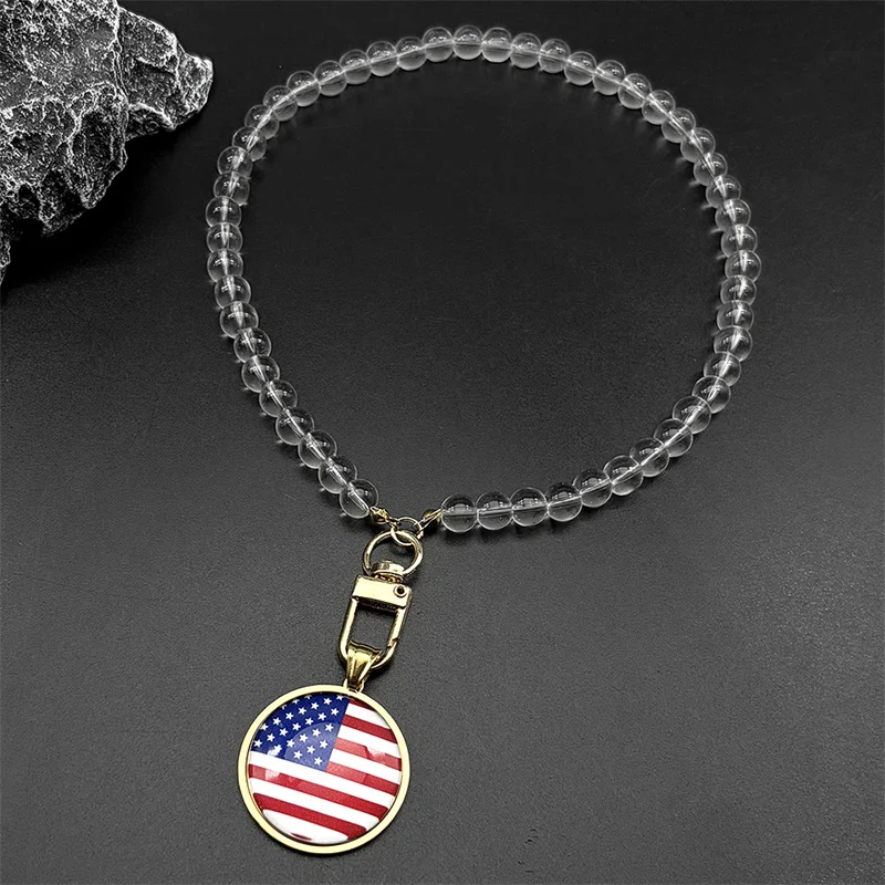 

American Flag Glass Medal Stainless Steel Pendant Necklace for Women Men Gold Color Star-Spangled Banner Beads Chain Jewelry