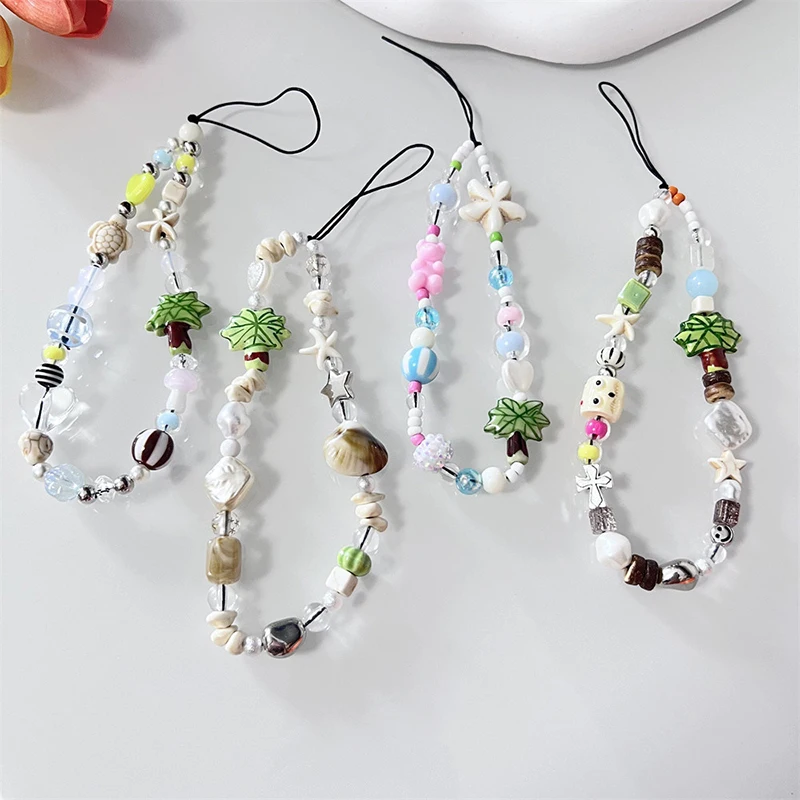 Bear Phone Strap Shell Candy Beaded Phone Chain Keychain Bag Camera Charm Anti-Loss Lanyard For IPhone Samsung Xiaomi Girl Gift