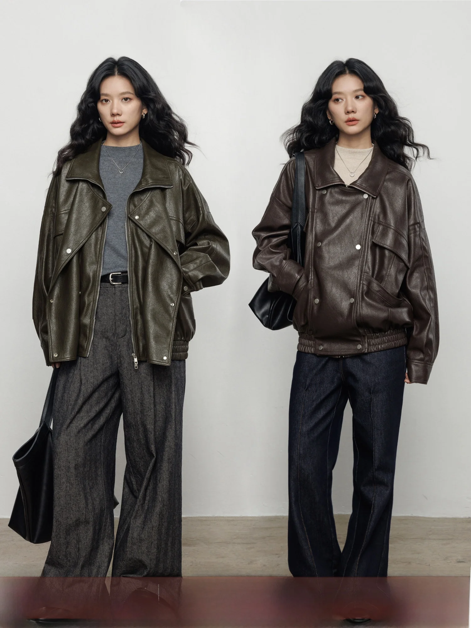 Vastand Autumn Heavy Industry PU Leather Jacket Women Loose Commute Style Vintage Retro Design Long Sleeve Zipper Closure