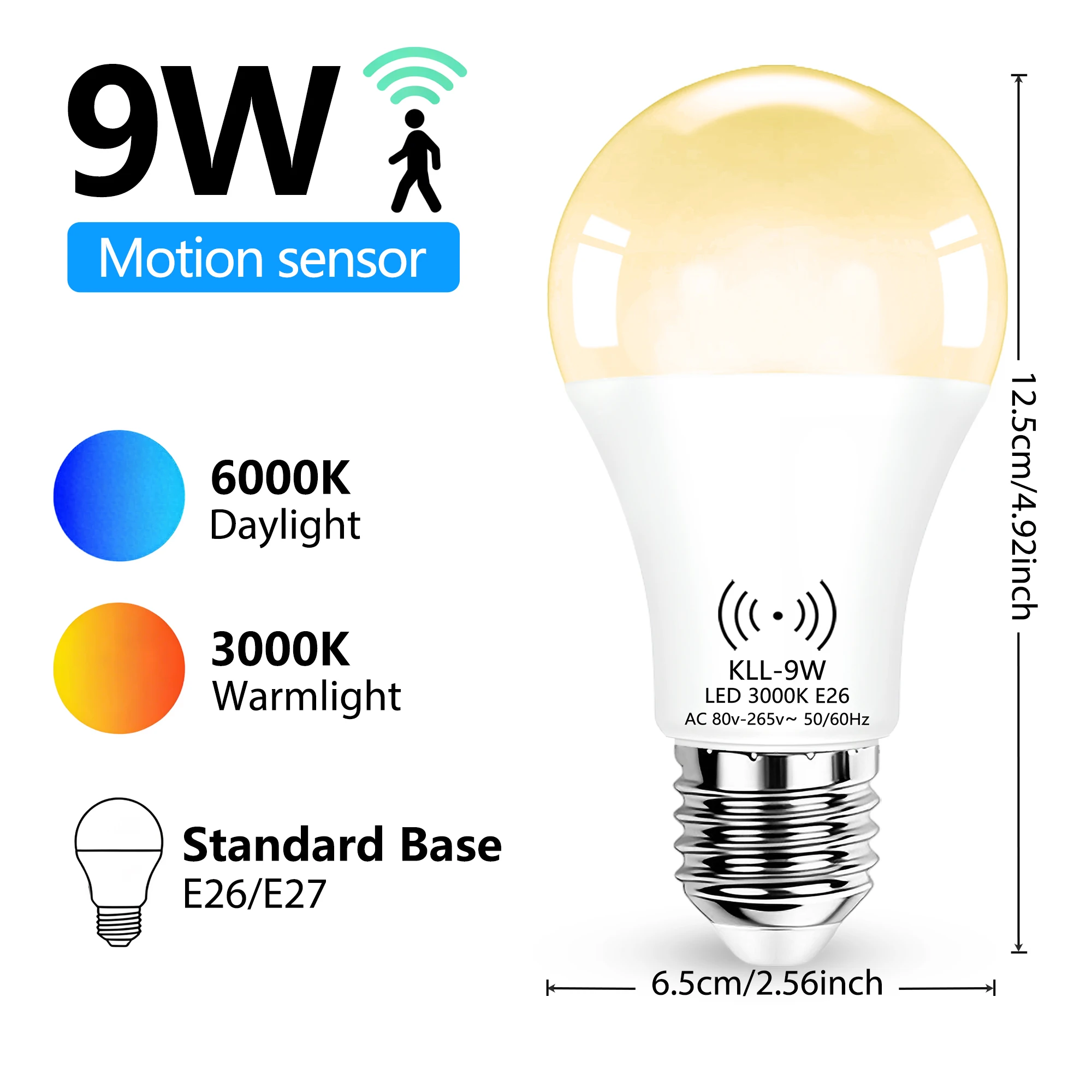 Motion Sensor Light Bulbs 9W Light Sensor Smart Lamp Auto ON/OFF Switch for Indoor and Outdoor Lighting Porch Stairs Hallway