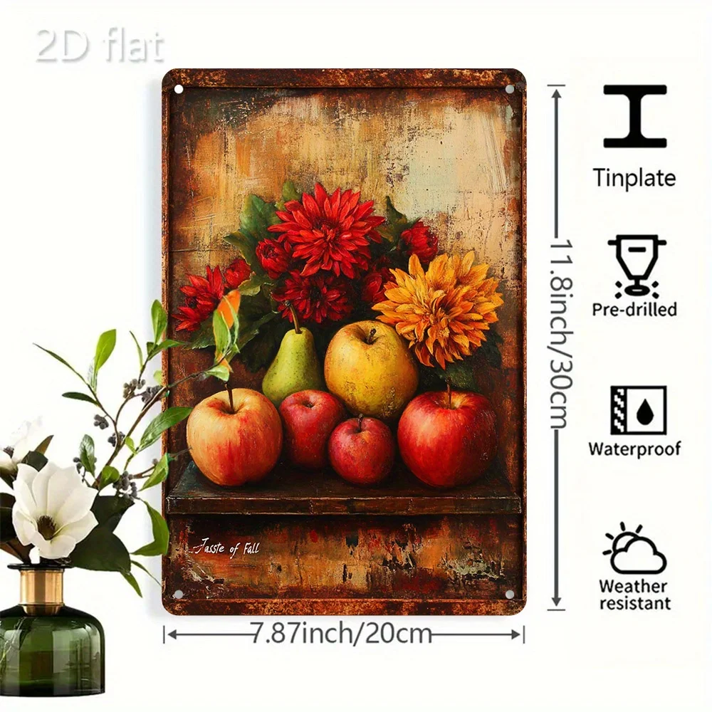 Vintage 8x12 Inch Metal Wall Sign, Rustproof Farmhouse Apple Pear Chrysanthemum Fruit Floral Art for Cafe Garage Outdoor Decor