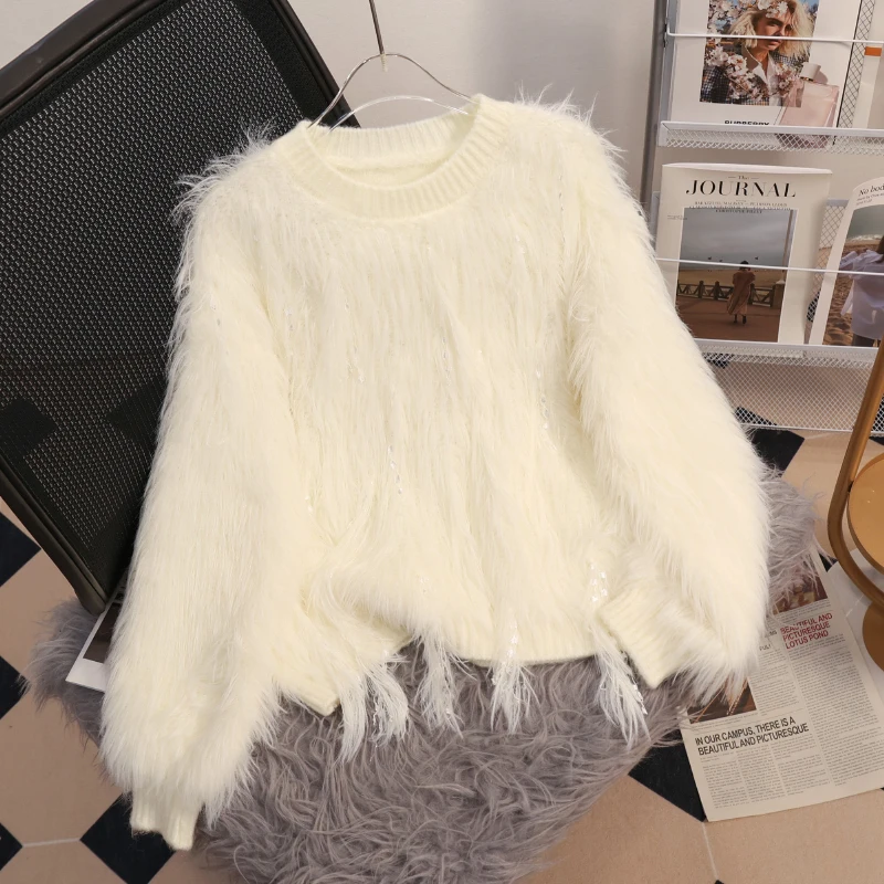 Bomon Autumn/Winter 2024 Base Coat Fashion Solid color all-match wool sweater top fringe round neck long sleeve loose sweater