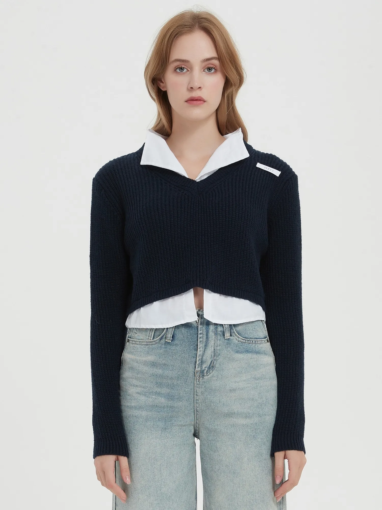 

ZHISILAO Fake 2 Piece Patchwork Pullover Sweater Turn-down Collar Knitted Sweater Autumn Winter Short Tops 2022 Korean Fashion