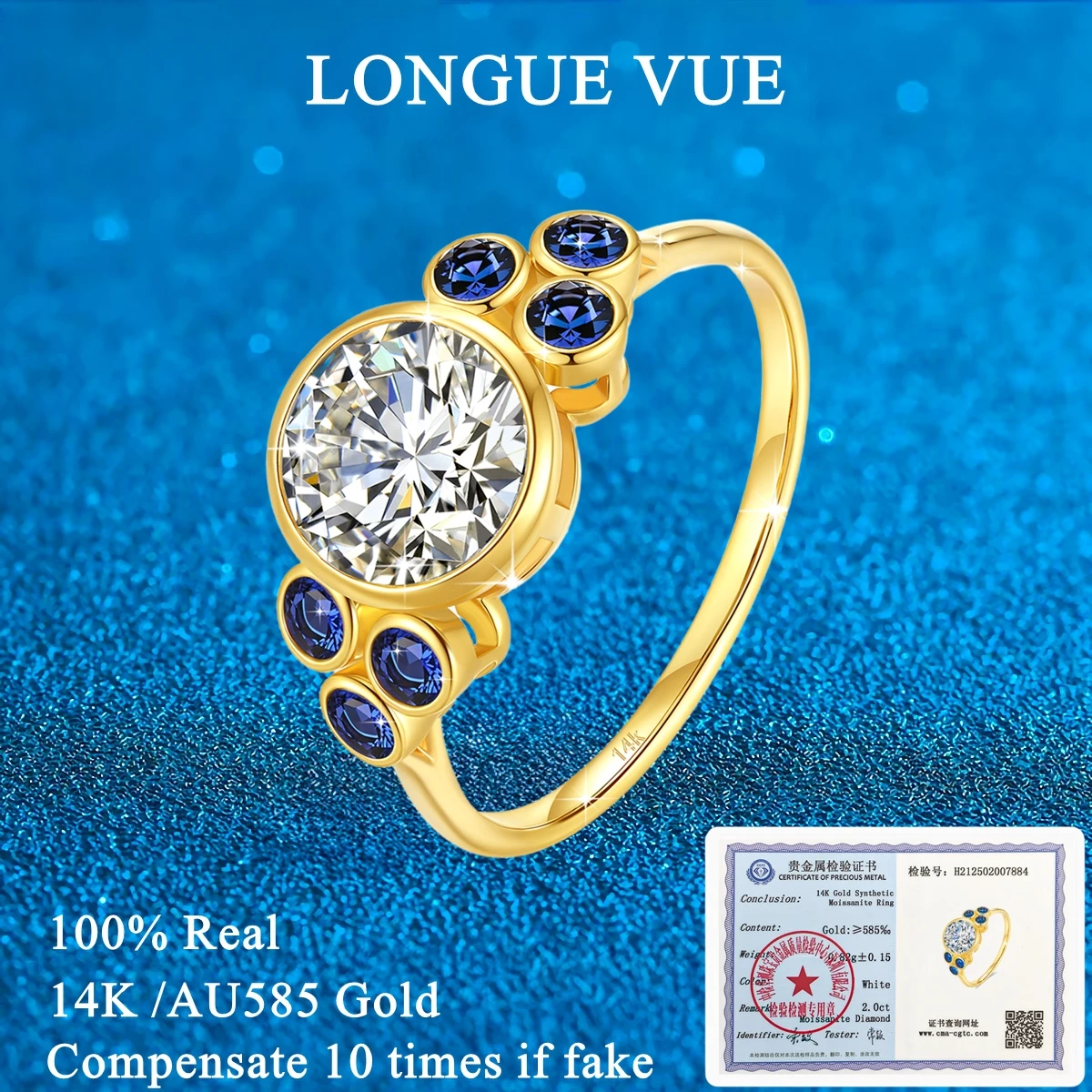

AU585 14k Yellow Gold Moissanite Diamond Ring for Women Wedding Engagement Ring With Blue Corundum Fine Jewelry
