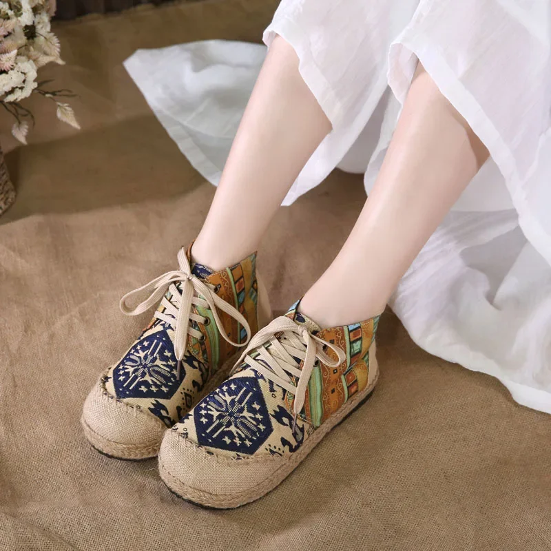 2023Women Shoes Boho Cotton Linen Canvas Single National Woven Round Toe Lace Up Cloth Shoes Woman Flats Size 35-40