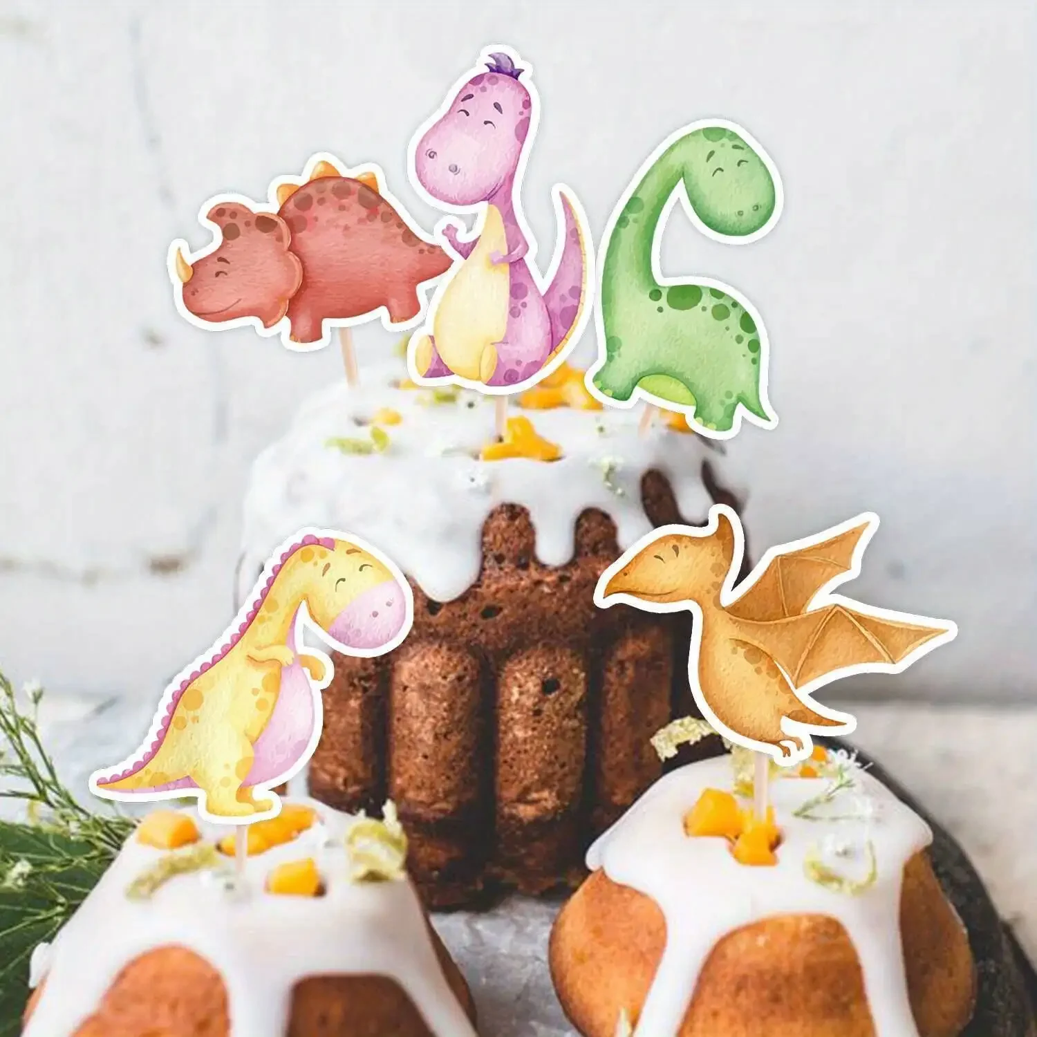 32 Stück Cartoon-Dinosaurier-Cupcake-Topper mit Bambusstab für Dinosaurier, alles Gute zum Geburtstag, belebende Party, DIY-Kuchendekorationen