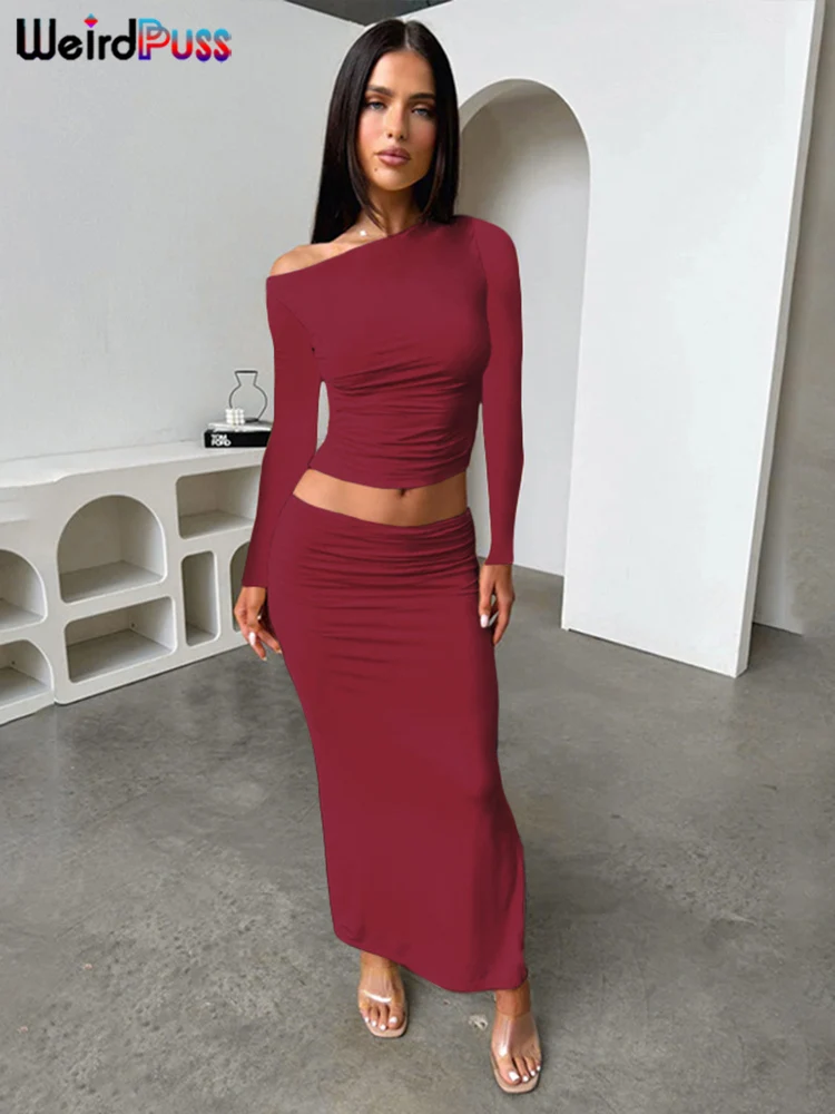 Weird Puss Simple Women 2 Piece Set Elastic Solid Classic Autumn Trend Skew Collar Crop Tops+Long Skirts Matching Street Outfits