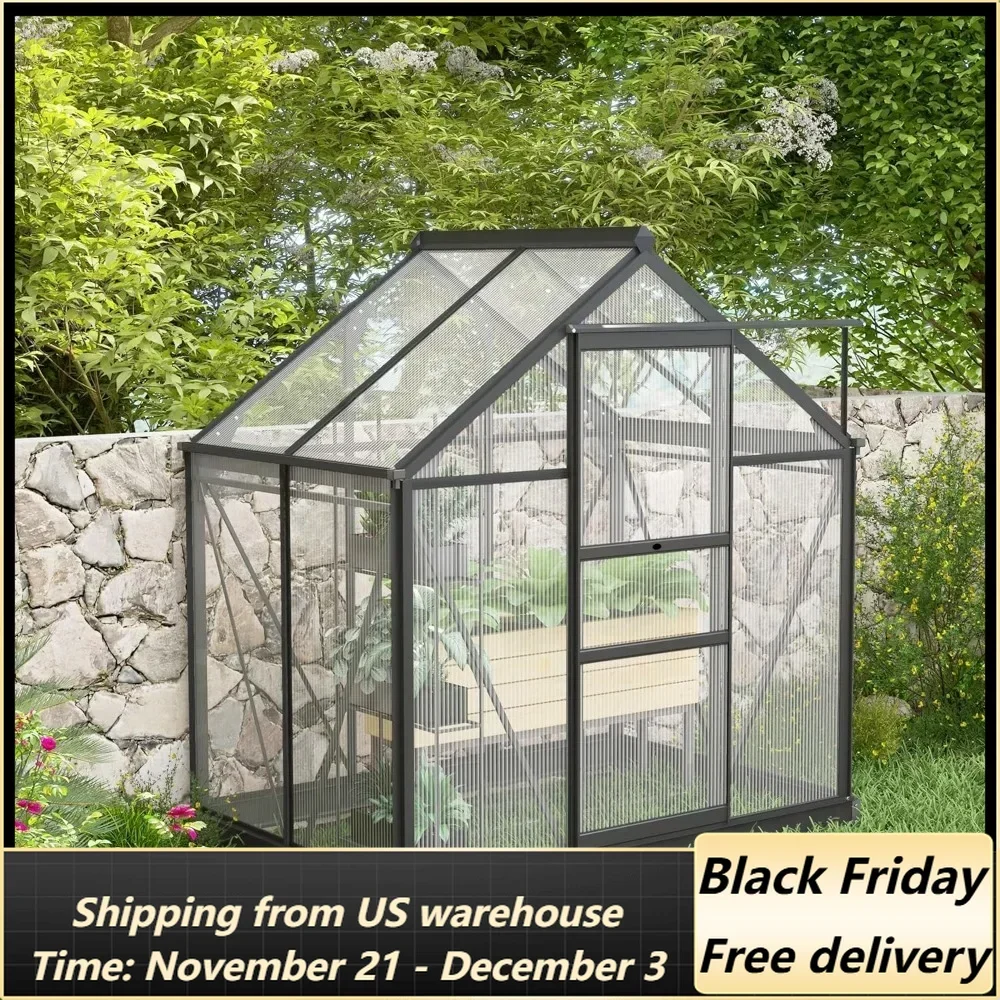 

6' x 4' x 6.5' Polycarbonate Greenhouse, Heavy Duty Outdoor Aluminum Walk-in Green House Kit with Rain Gutter