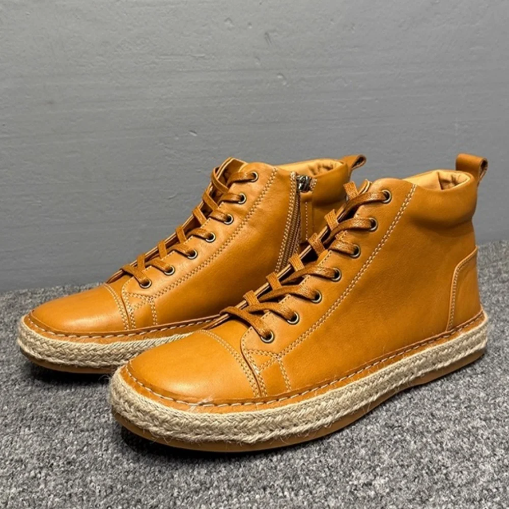 

QHCCID Men's Leather round Toe Boots Comfortable Soft Bottom High-Top Shoes Durable Autumn Wear Trendy Clean-Looking Flat Sole