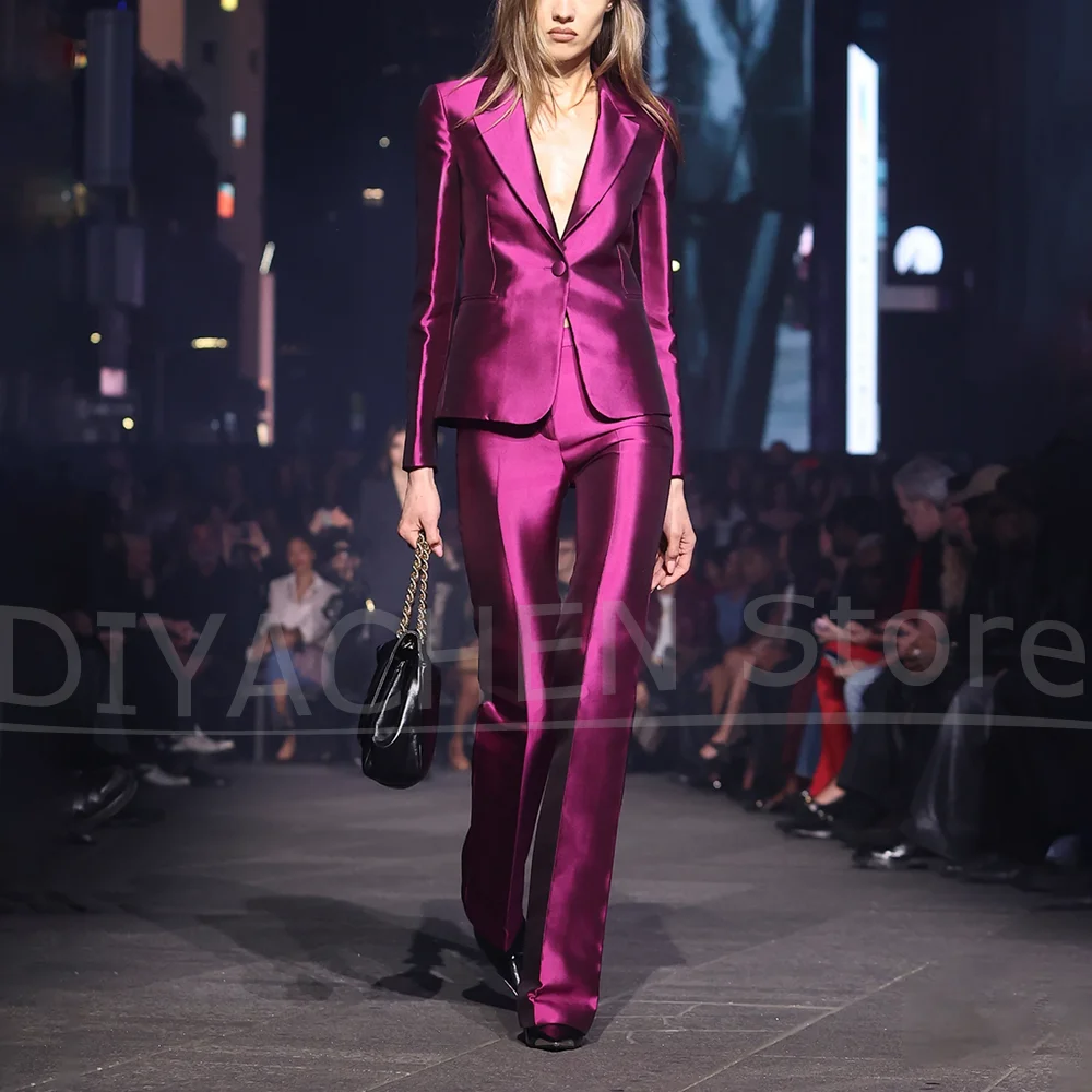 Women Satin Two Pieces Suit Notched Lapel Single Button Slim Blazer And Pants Custom Outfit Runway Evening Party Lady Tuxedo