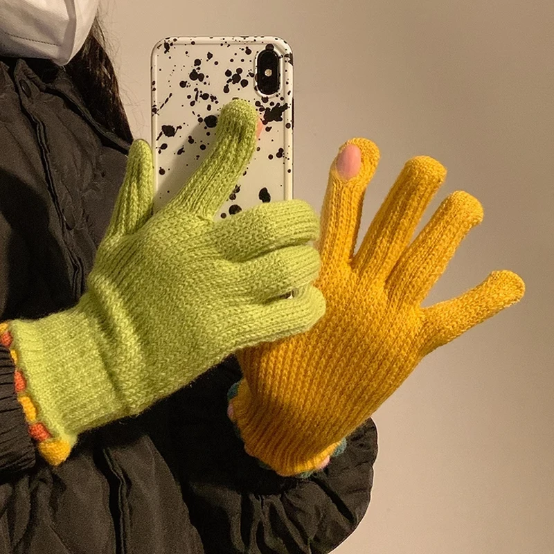 Cotton Wool Touchscreen Gloves Point Fingers Gloves Knitted Woolen Full Finger Glove Winter Warm Mittens Outdoor Cycling Mittens