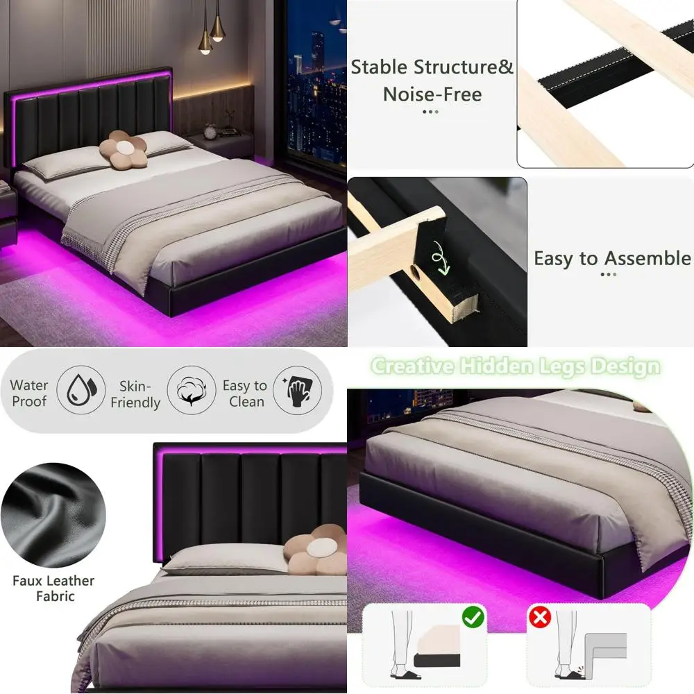 

Queen Size Floating Bed Frame with Upholstered Headboard, RGB LED Lighting, Solid Wood Slat Support, No Box Spring Needed
