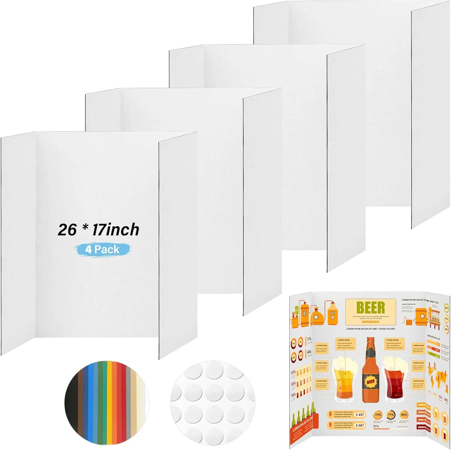 

4 Pack Tri-fold Poster Board 26x17 inch with Sticky Accessories for School Projects and Business Presentations