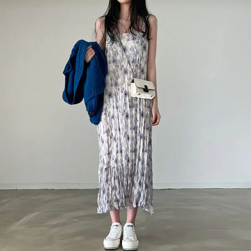 シックなサマードレス スクエアカラー ノースリーブ プリーツ ウォーターインクプリント レースヘムライン ラップスタイル ハイウエスト ロングドレス 韓国スタイル