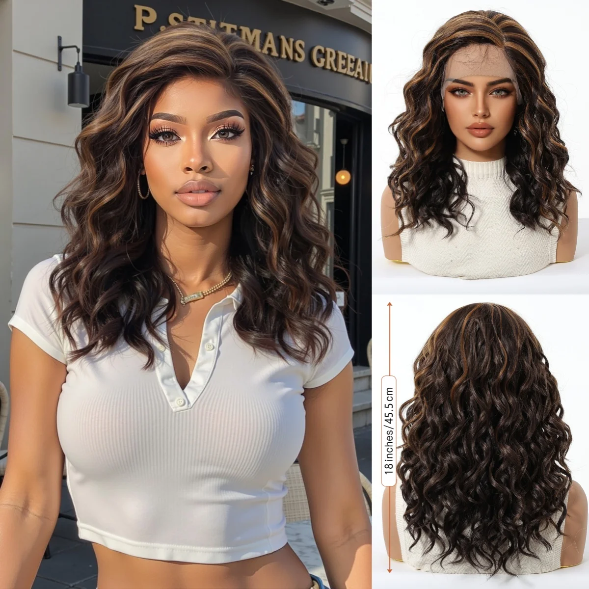 

Short Curly Brown Blonde Highlights Synthetic Blend T Part Lace Front Wig Heat Resistant Fiber Daily Wear Mixed Color for Women