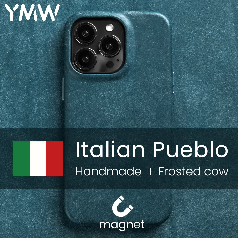 

YMW Handmade Italian Pueblo Genuine Leather Case for iPhone 14 Pro Max Plus 13 Magnetic Luxury Frosted Cowhide Phone Cover