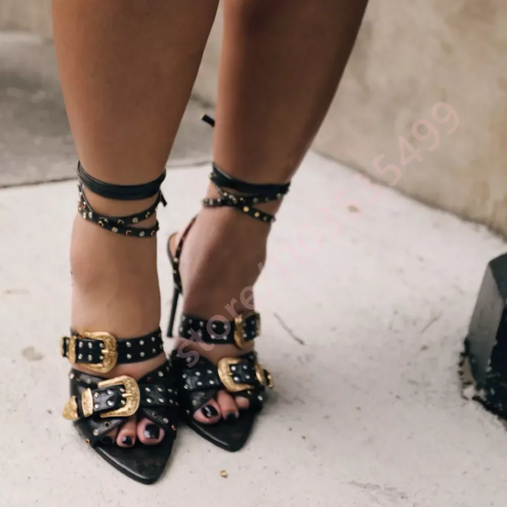 Sexy Women's Stilettos with Metal Studs Lace-Up Buckle Strap Pointed Toe Peep-Toe Summer Sandals Fashion Party Pumps