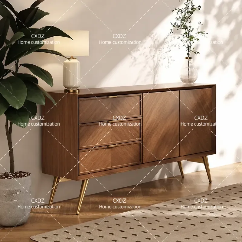 Modern Solid Wood Office Side Cabinet Log Storage Against Wall Household Living Room Small Apartment Fish Bone Pattern