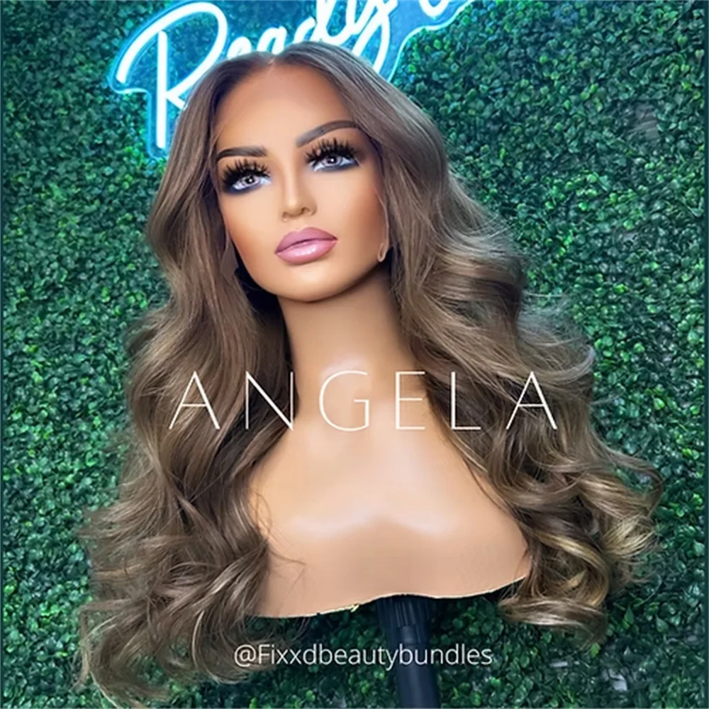 Ash Chocolate Brown Long Wavy Synthetic Lace Front Wig with Cool Honey Blonde Highlights Wig 13x4 Glueless Heat Safe Women's Wig