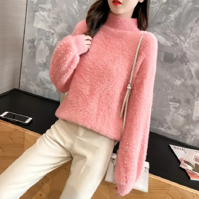 Women winter Oversize Basic Knitted half Turtleneck Sweater Female Solid Turtleneck Collar Pullovers Warm 2020 New Arrival