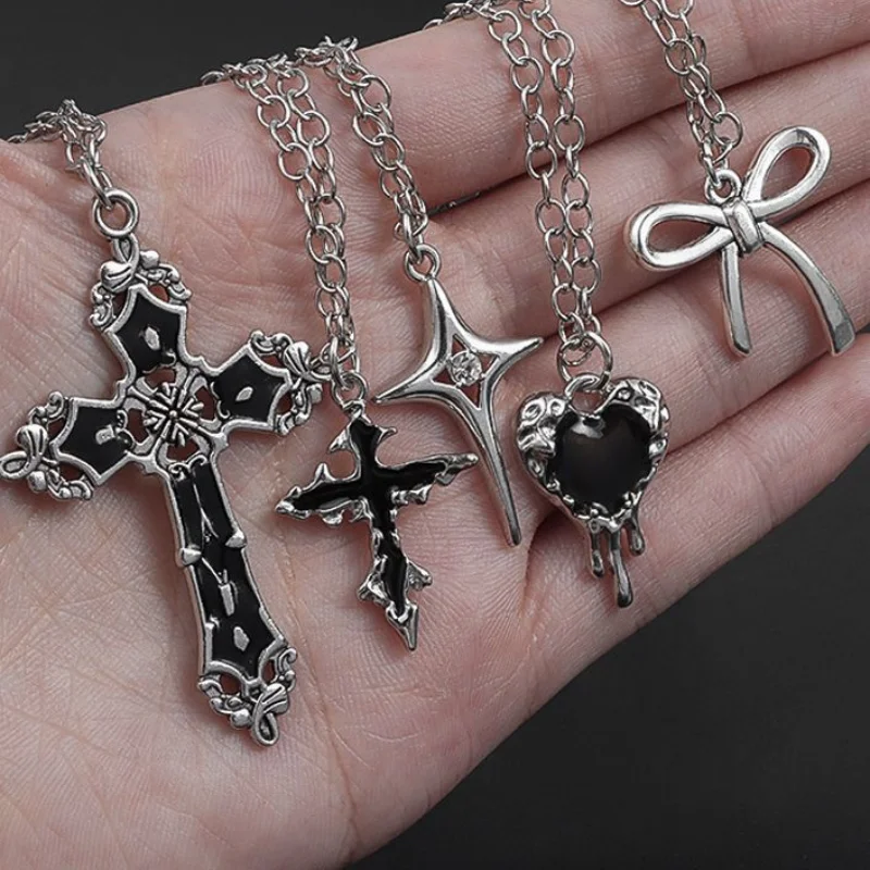 5Pcs Gothic Silver Necklace Set Black Imitation Enamel Cross Drop Heart Star Bow Pendant Stackable Chain Necklace Jewelry
