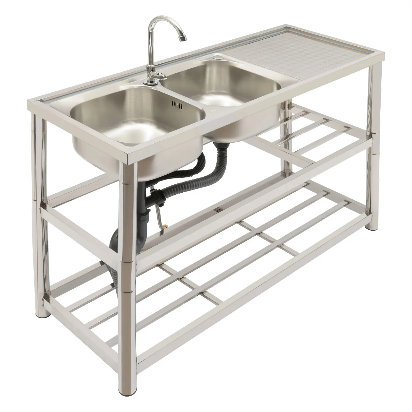 2 Compartment Commercial Kitchen Sink Prep Table with Faucet Set Stainless Steel