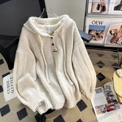 Korean Knitted Hooded Sweater Women Autumn Winter Loose Long Sleeve Warm Buttons Pullover Ladies Solid Streetwear Sweatshirt New