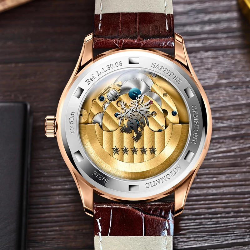 LOBNINI New Brand Mens Automatic Mechanical Watches New Dress Men Watch Advanced Seagull Movement Skeleton Watches