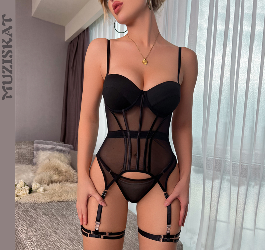  MUZISKAT Mesh  Lingerie Luxury Brand Bodysuit Backless Tops for Women 3 Piece Lingerie Set with Garter Sexydresses for Women 